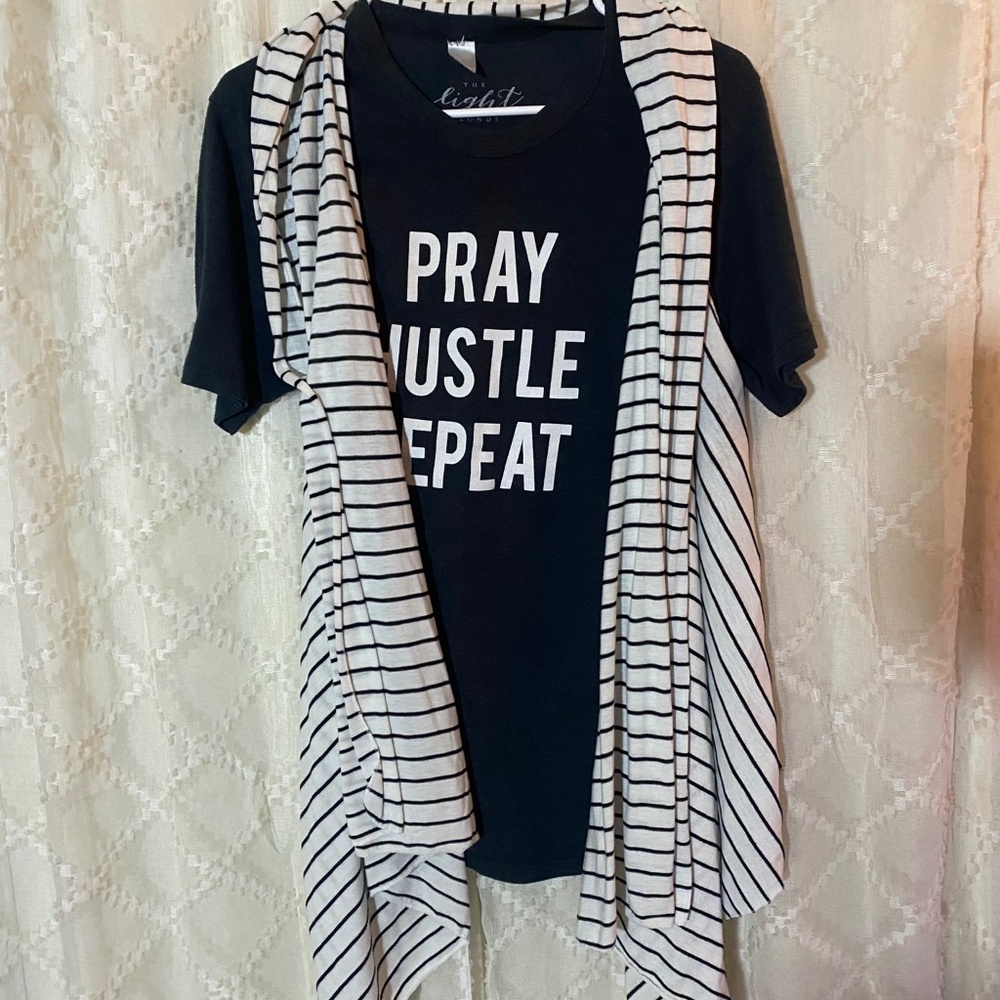 GET 2 ITEMS- SizeL-pray hustle repeat tee with cute sleeveless long striped vest